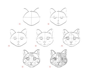 Wall Mural - page shows how to learn to draw sketch of cats head. creation step by step pencil drawing. education