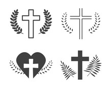 Set Of Obituary Ornaments, Cross, Heart And Leaves- Vector Illustration