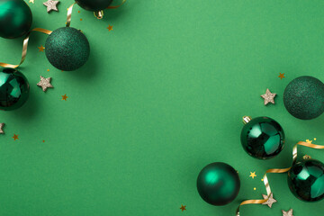 Wall Mural - Top view photo of christmas decorations small glowing stars green balls golden star shaped confetti serpentine and sequins on isolated green background with copyspace