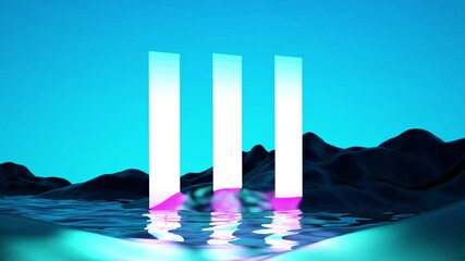 Wall Mural - neon glow frame over cyber mountain landscape with beautiful reflection in waving water. 80s gaming 