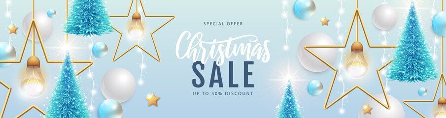 Wall Mural - Winter sale poster with christmas holiday decorations. Christmas and New Year background. Vector illustration