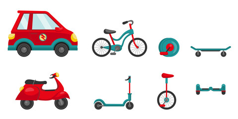 Different kinds of personal transport vector illustrations set. Car and moped, electric vehicles as alternative transport: scooter, unicycle, bike, gyro board. Transportation, environment concept