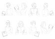 © Nataliia - Collection. Silhouette of a lady. The girl is reading a book in a modern one-line style. Solid drawing, home decor sketches, posters, wall art, stickers, logo. Vector illustration set.