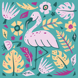 Fototapeta Psy - Flamingo square hand drawn illustration. Pink tropical bird, yellow palm leaves, flowers on green background. Flat vector botanic poster, travel postcard