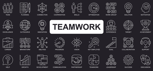 Fototapete - Teamwork concept simple line icons set. Bundle of team, planning, connection, cooperation, optimization, brainstorm, achievement and other. Vector pack outline symbols for website or mobile app design