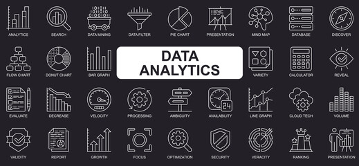 Fototapete - Data analytics concept simple line icons set. Bundle of search, mining filter, pie chart, presentation, database, calculator and other. Vector pack outline symbols for website or mobile app design