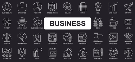 Fototapete - Business concept simple line icons set. Bundle of businessman, briefcase, presentation, startup, target, businesswoman, goal and other. Vector pack outline symbols for website or mobile app design