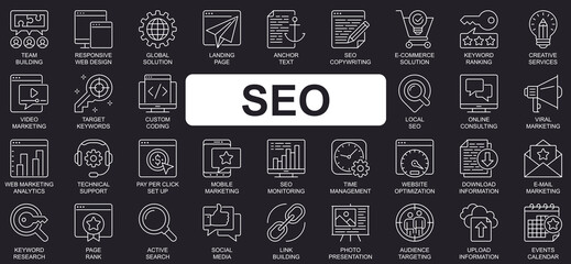 Poster - SEO concept simple line icons set. Bundle of optimization, solution, landing page, keyword, ranking, video marketing, target and other. Vector pack outline symbols for website or mobile app design