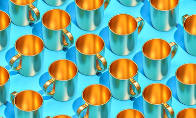 gold-colored metallic mugs on a light blue background.