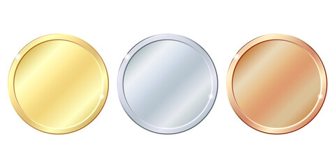 Set of gold, silver and bronze round empty medals.