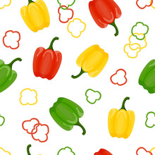 Bell Peppers Whole And Sliced ​​yellow, Green, Red Seamless Pattern