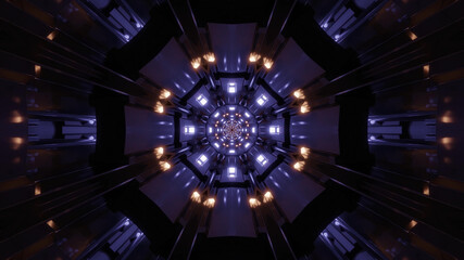 Sticker - 3d rendering of a futuristic kaleidoscope hallway towards a portal with colorful neon lights