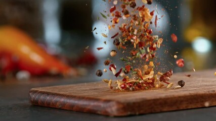 Wall Mural - Super slow motion of falling spice mix on wooden board. Filmed on high speed cinema camera, 1000 fps.