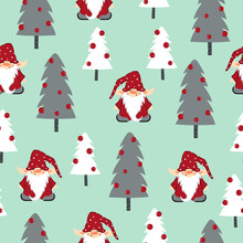 Merry Christmas Seamless Pattern With Cute Gnomes And Christmas Trees. Wrapping Paper Design
