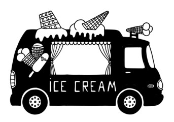 Wall Mural - Black ice cream bus in doodle style. Hand Drawn. Icon.