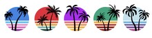 Vector Retro Sunset And Palm Silhouettes. Vintage Elements For Logo, Party Poster, T-shirt.