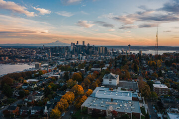 Wall Mural - Aerial view of the cityscape of Seattle during sunset, South Lake Union