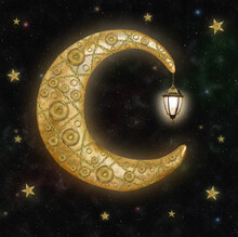 A Steampunk Moon With A Vintage Street Lamp Is On Th Star Night Sky.