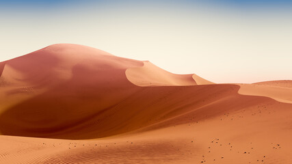  Dark orange dunes and teal sky. Desert dunes landscape with contrast skies. Minimal abstract background. 3d rendering