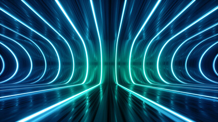 Wall Mural - 3d render, abstract background with glowing curvy lines, empty performance stage with floor reflections