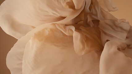 3d render, abstract vintage background with floating beige veil, falling drapery, crumpled delicate 