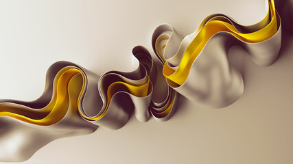 Wall Mural - 3d render, abstract fashion background with golden wavy ribbons, folded cloth macro