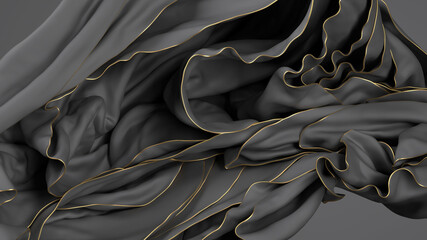 Wall Mural - 3d render, abstract fashion background with cloth folds, layers of floating black drape with gold edging