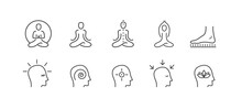 Yoga Vector Set. Outline Icon Collection For Buddhist Retreat, Spiritual Practice Or Vipassana Meditation. Sadhu Board. Head With Different Mental State. 