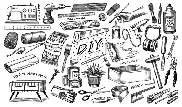 Fototapete - DIY icons. Hardware Shop concept. Glue, wood planks, sewing machine. Tools or instruments for home renovation. Banner poster template. Do it yourself. Engraved doodle vintage sketch hand drawn. 