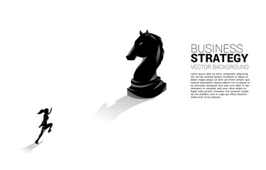 Wall Mural - businesswoman running to knight chess piece 3D silhouette vector. icon for business planning and strategy thinking