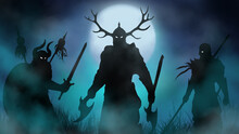 Ominous Silhouettes Of Vikings At Night Under The Moon In A Grassy Field. Digital Art Style, Illustration Painting