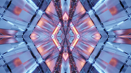 3d rendering of a futuristic sci-fi hallway towards a portal with colorful neon lights