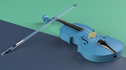 Blue-Gold classic violin on blue-green plane under spot lighting background. 3D sketch design and illustration. 3D high quality rendering.