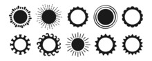 Sun Stamp Black Stencil Set. Summer Symbol Silhouette Suns Shine Collection. Solar Sun With Sunbeams. Isolated Abstract Sunny Simple Comic Clipart. Vector Illustration White Background
