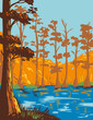 WPA poster art of Cane Creek State Park with Bayou Bartholomew on north bank of Cane Creek Lake in Lincoln County, Arkansas, United States of America USA done in works project administration style.
