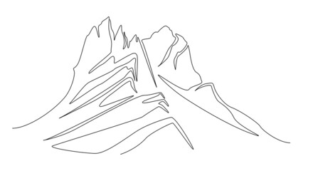 Poster - One continuous line drawing of mountain range landscape silhouette. Web banner with mounts ridge in simple linear style. Winter sport concept isolated. Doodle Vector illustration