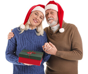 Sticker - Happy mature couple with Christmas gift on white background