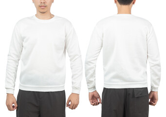 Canvas Print - Young man in white sweatshirt mockup front and back used as design template, isolated on white background with clipping path.