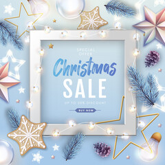 Wall Mural - Winter sale poster with christmas holiday decorations. Christmas and New Year background. Vector illustration