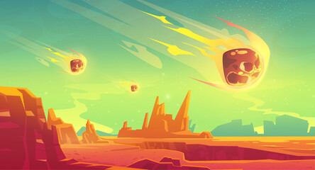 Wall Mural - meteor shower on alien planet with red desert and rocks. vector cartoon illustration of mars surface