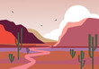 Morning desert landscape with mountain canyons illustration. Pink dunes with brown stones pink skies and thorny plants natural panorama of sahara with flying vultures. Vector cartoon.