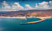 Aerial Landscape Photography. Sunny Spring View From Flying Drone Of Golden Sands Port. Beautiful Morning Scene Of Bulgaria, Europe. Splendid Seascape Of Black Sea. Traveling Concept Background.