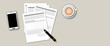 Documents with pen, coffee and mobile phone on grey background, application form, contract, office work, accounting, paperwork concepts, space for the text. paper art design style. top view.