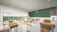 3d Rendering Of Classroom. Interior Room Consist Of Tile Floor, Board Or Chalkboard And Furniture I.e. Desk Or Table, Chair For Teacher And Student To Teach, Study And Training. Education Background.
