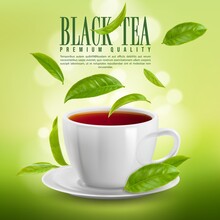 Realistic Breakfast Tea Cup With Falling Green Ceylon Tea Leaves. Herbal Organic Product Promo Ad Vector Poster. Natural Aromatic Beverage Advertising With Flying Tea Leaves
