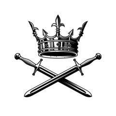 Sticker - Illustration of king crown and crossed swords in monochrome style. Design element for logo, emblem, sign, poster, t shirt. Vector illustration