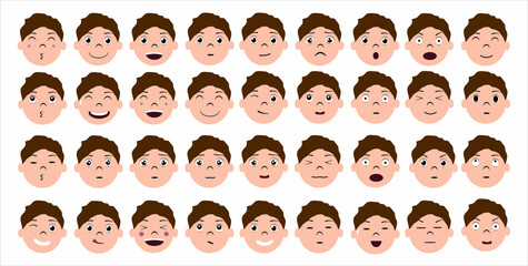 Set of cute boy emotions vector illustration. Boy's facial expression collection. Cartoon boy face character