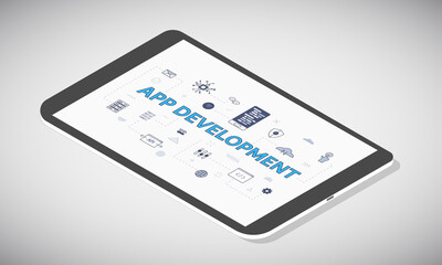 Wall Mural - mobile app development concept on tablet screen with isometric 3d style