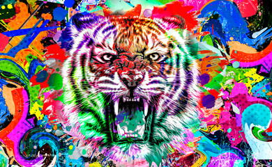 Wall Mural - tiger head with creative colorful abstract elements