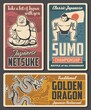 © Vector Tradition - Japan netsuke, sumo tournament and restaurant retro poster. Hotei Buddha statue, sumo wrestler and japanese dragon vector. Japan culture, national sport and cuisine tourist attractions vintage banners